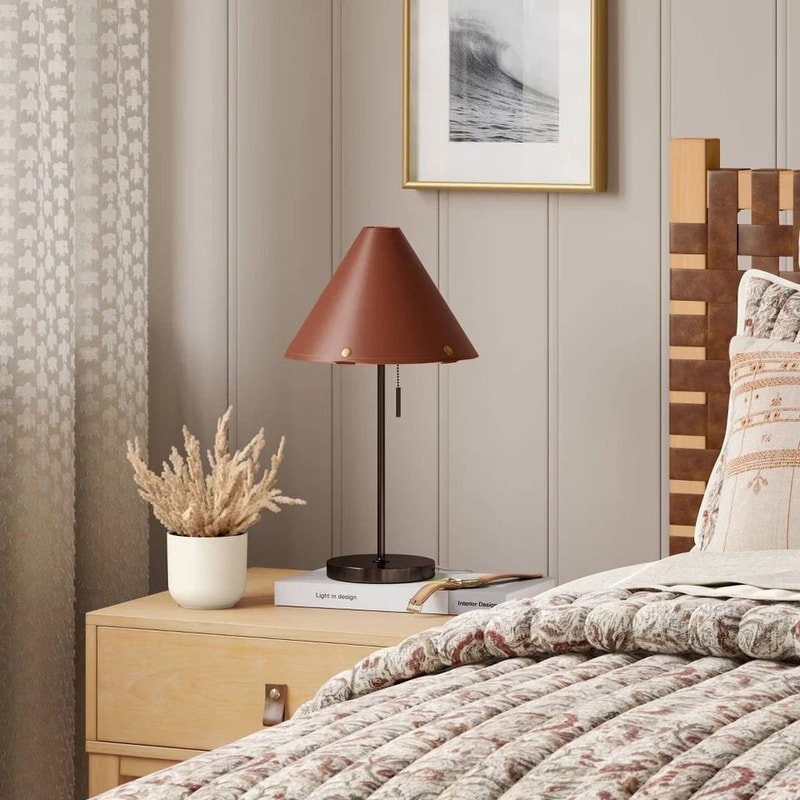Threshold Table Lamp With Leather Shade Metal Cone Base 1