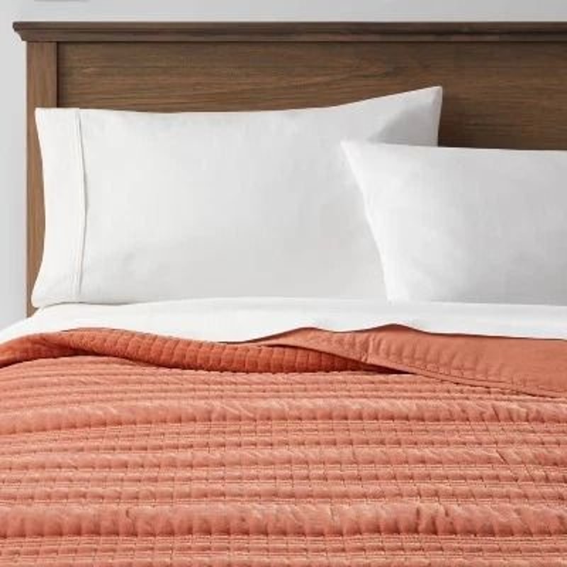 Lightweight Velvet Threshold Quilt Quilted Solid Design TerracottaBronze TwinTwinXL Cozy Velvet Bed 1
