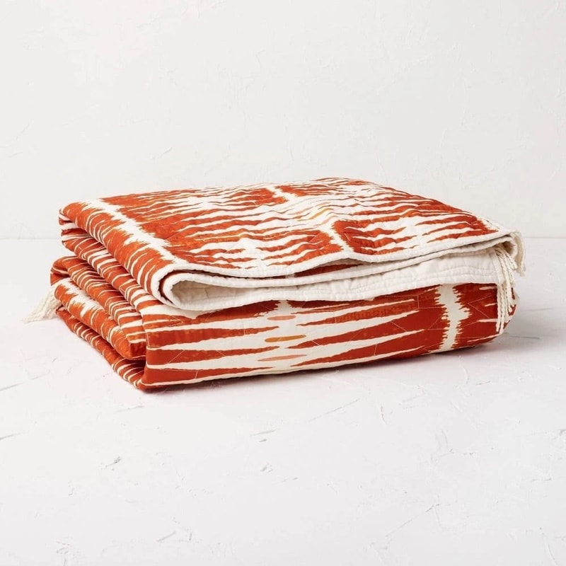 Groove Print King Quilt With Fringe Details WhiteBurnt Orange Lightweight And Machine Washable 1