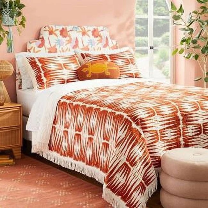 Groove Print King Quilt With Fringe Details WhiteBurnt Orange Lightweight And Machine Washable 3