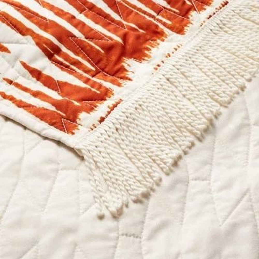 Groove Print King Quilt With Fringe Details WhiteBurnt Orange Lightweight And Machine Washable 4