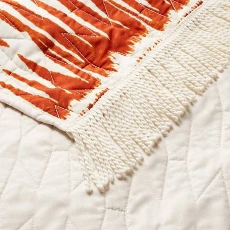 Groove Print King Quilt With Fringe Details WhiteBurnt Orange Lightweight And Machine Washable 4