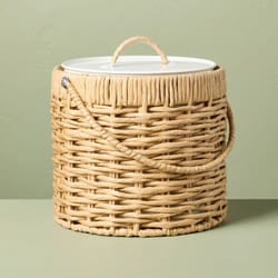 hearth & hand woven paper wrapped metal ice bucket, stylish lid, portable handle, perfect for parties