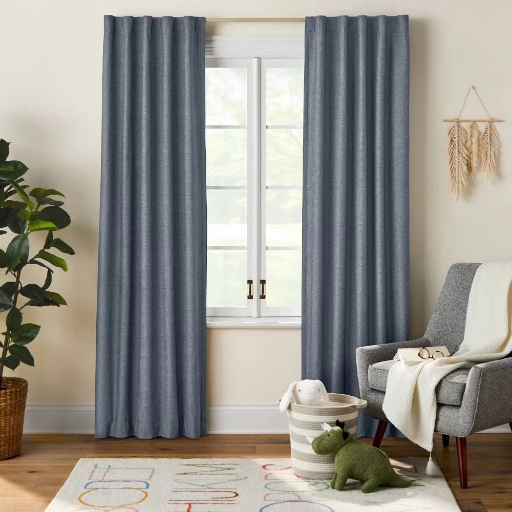 Blackout Chambray Cotton Kids Curtain Panel Navy Noise Reduction UV Protection Pillowfort 1