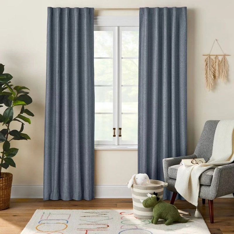 Blackout Chambray Cotton Kids Curtain Panel Navy Noise Reduction UV Protection Pillowfort 1