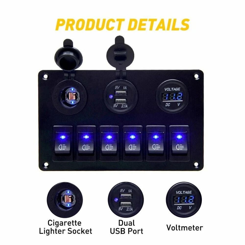 Waterproof Gang LED Rocker Switch Panel With Circuit Breaker Dual USB Ports Car Marine Boat Voltage 3