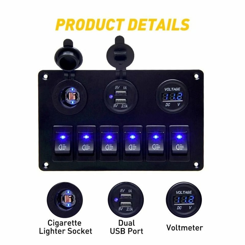 Waterproof Gang LED Rocker Switch Panel With Circuit Breaker Dual USB Ports Car Marine Boat Voltage 3