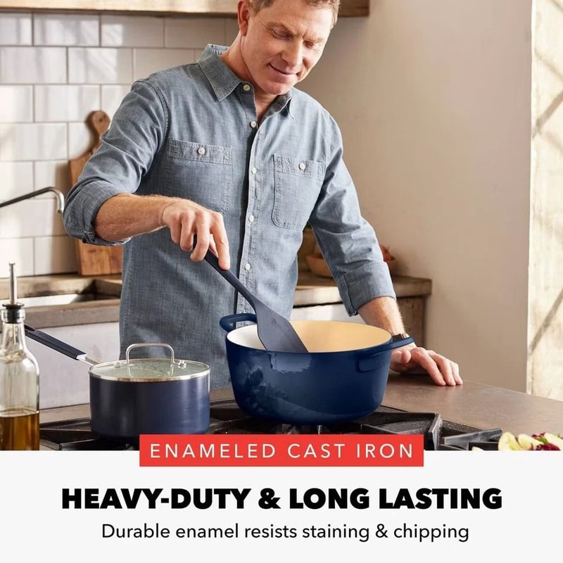 Oxford Blue Cast Enamel Dutch Oven Enameled Cast Iron Self Basting Lid Induction Safe Cooker 6