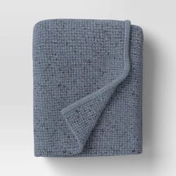 threshold marled knit throw blue, soft midweight knit throw blanket, knotted edges, machine washable