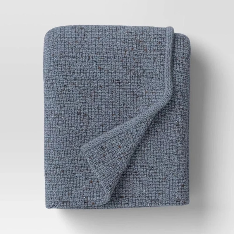 Threshold Marled Knit Throw Blue Soft Midweight Knit Throw Blanket Knotted Edges Machine Washable 0