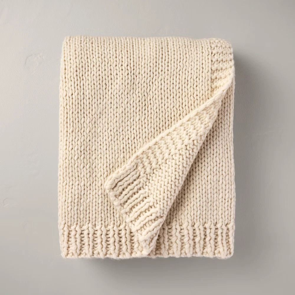 Throw Blanket Cream Chunky Knit Bordered Cozy Blanket Hearth And Hand With Magnolia Ribbed Trim Sof 0