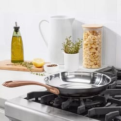 matte black skillet stainless with blush bronze handle, high-impact bonded base, dishwasher safe, induction ready