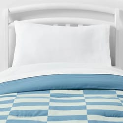 toddler kids' pillowfort comforter, cotton shell, checkered print, cozy bedding for year-round use