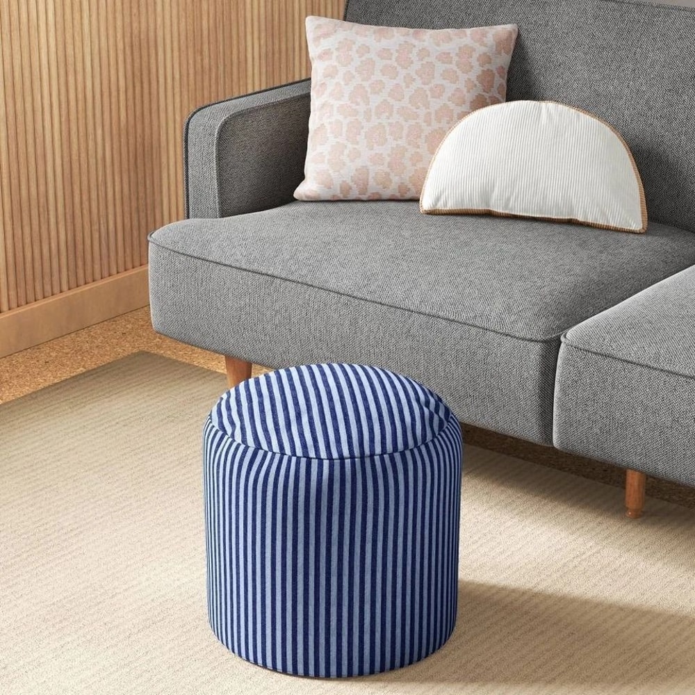 Room Essentials Blue Dorm Pouf Striped Round Pouf 16in Comfortable Cushion Stylish Living Space 0