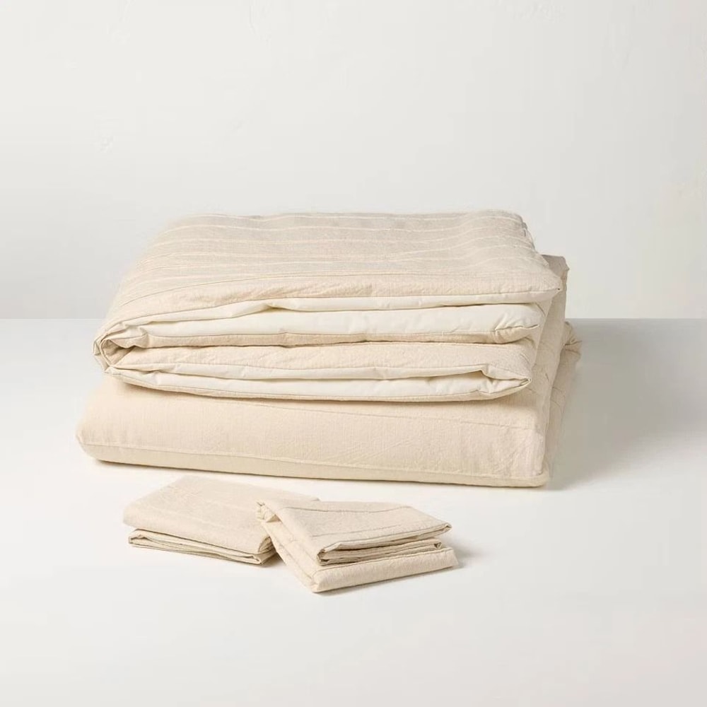 Hearth Hand With Magnolia FullQueen Stitch Stripe Comforter Tan Jacquard Woven Cotton Linen Blend 2