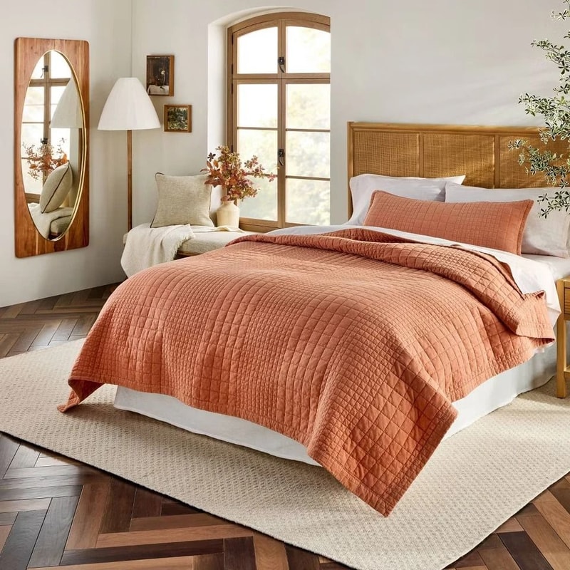 King Grid Stitch Quilt Rust Cozy Cotton Voile Hearth Hand With Magnolia Recycled Polyester Filling 3