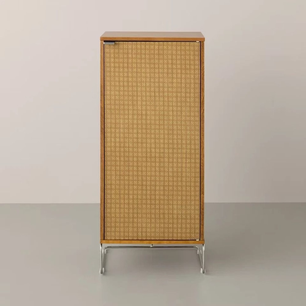 Hearth Hand With Magnolia Wood And Fabric Vinyl Storage Cabinet 2 Shelves 1 Door Wooden Frame 5