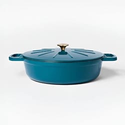 teal enameled cast iron braiser, quart, tabitha brown, oven safe, even-heating cooking pot with cast iron lid
