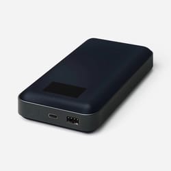 black power bank with screen, usb-c and usb-a ports, output, compact design, quick charging