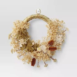 preserved fall wreath, asymmetrical floral design, hydrangea & baby's breath, indoor door or wall decor