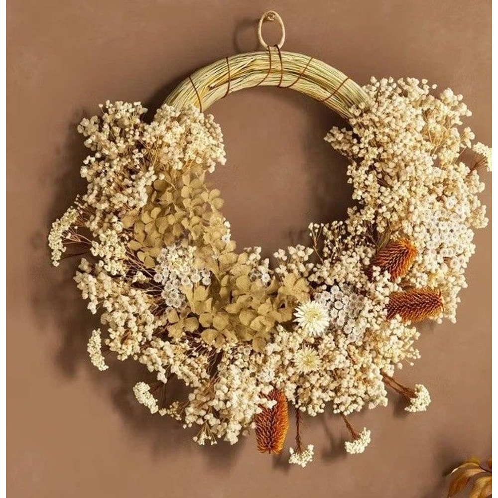 Preserved Fall Wreath Asymmetrical Floral Design Hydrangea Babys Breath Indoor Door Or Wall Decor 2