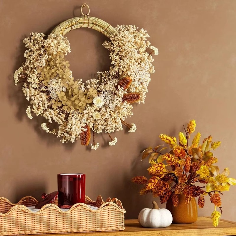Preserved Fall Wreath Asymmetrical Floral Design Hydrangea Babys Breath Indoor Door Or Wall Decor 3