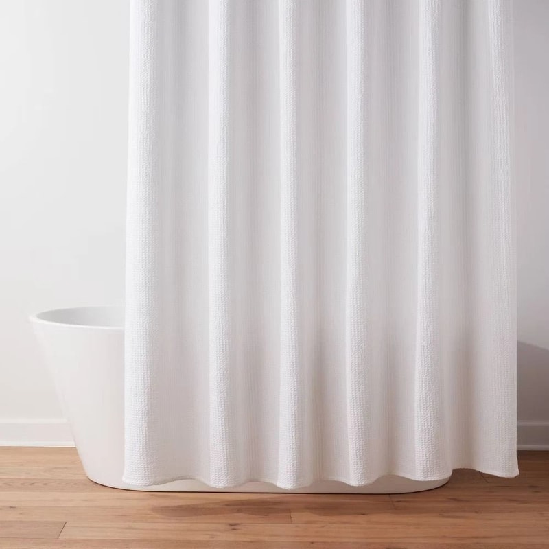 Oversized Relaxed WaffleWeave Shower Curtain White Cotton Buttonhole Top Machine Washable 0
