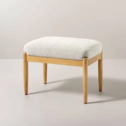 transitional bedroom ottoman by hearth & hand with magnolia, oatmeal boucle upholstered furniture