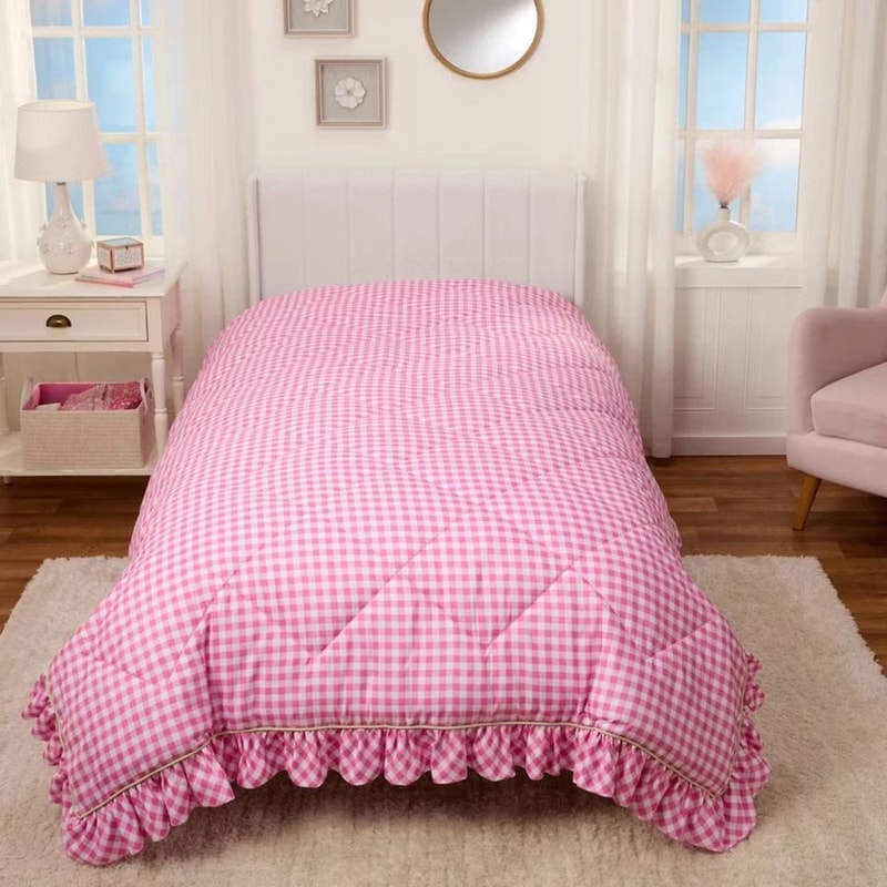 Pink Gingham Twin Comforter Set Wicked For Good Inspired Design Ruffled Edges 3