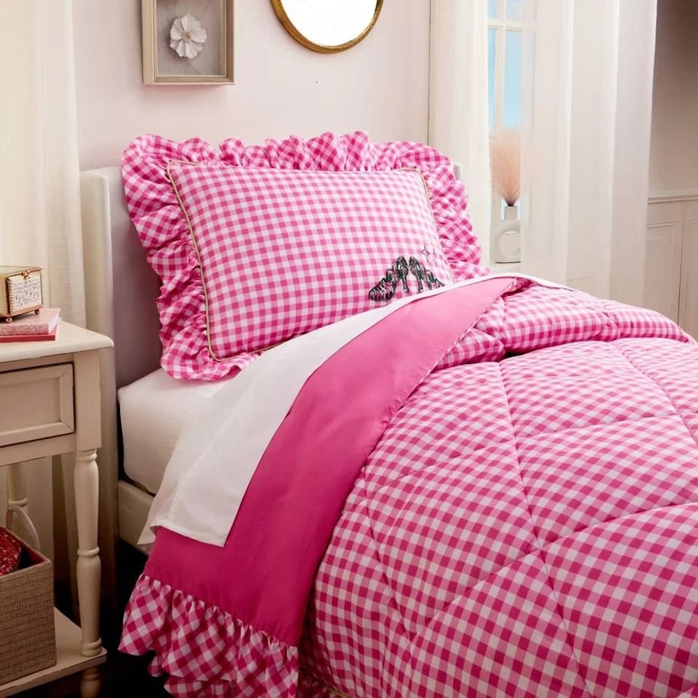 Pink Gingham Twin Comforter Set Wicked For Good Inspired Design Ruffled Edges 4