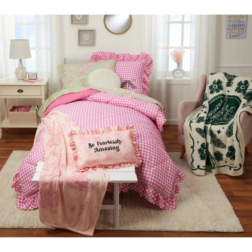 Pink Gingham Twin Comforter Set Wicked For Good Inspired Design Ruffled Edges 5