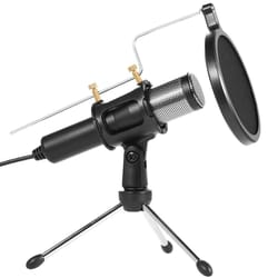 condenser microphone with tripod, professional studio recording, broadcasting equipment