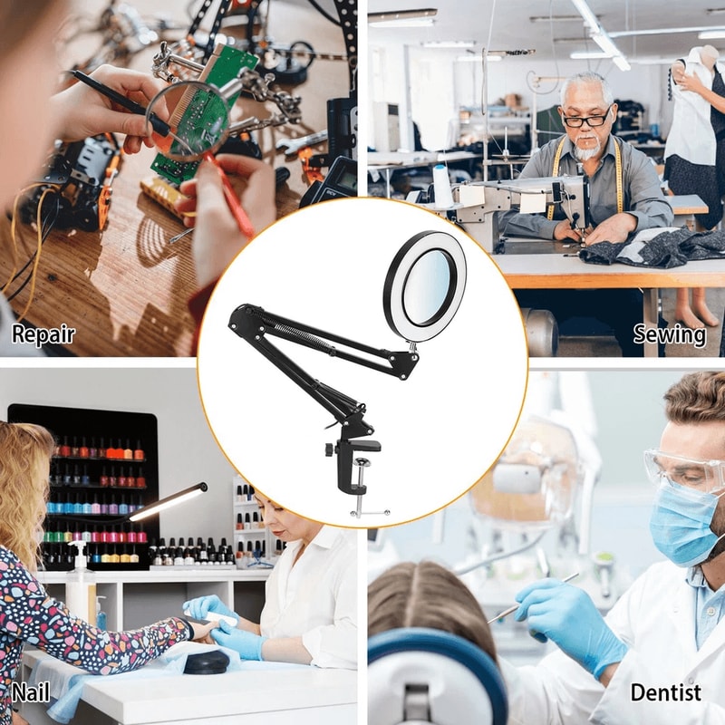 Magnifying Glass Desk Lamp With Clamp LED Light Adjustable Brightness 3 Light Modes Stand For Readi