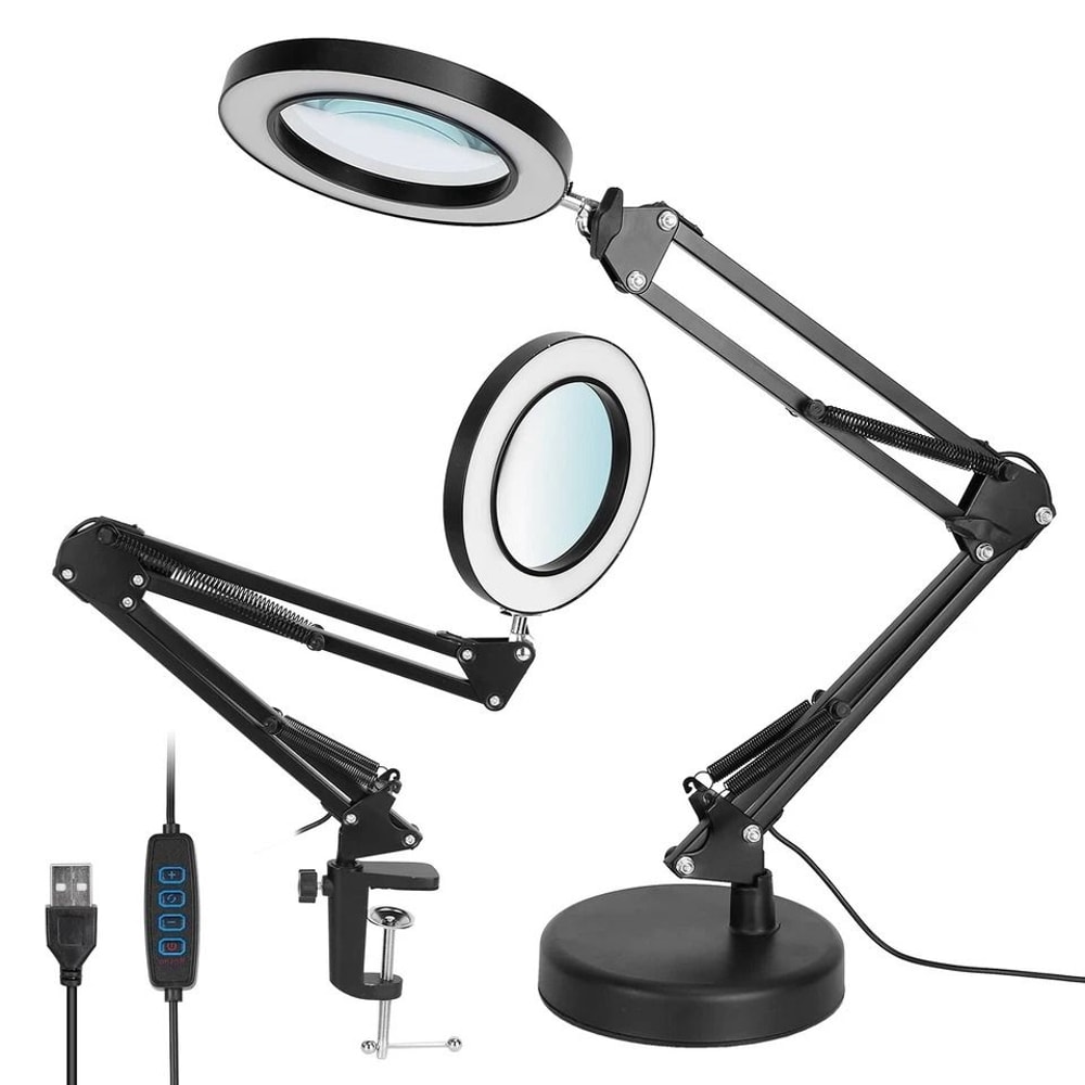 Magnifying Glass Desk Lamp With Clamp LED Light Adjustable Brightness 3 Light Modes Stand For Readi