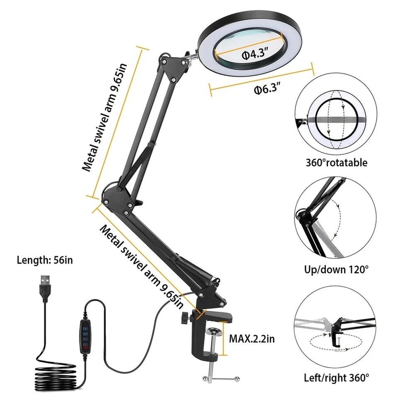 Magnifying Glass Desk Lamp With Clamp LED Light Adjustable Brightness 3 Light Modes Stand For Readi