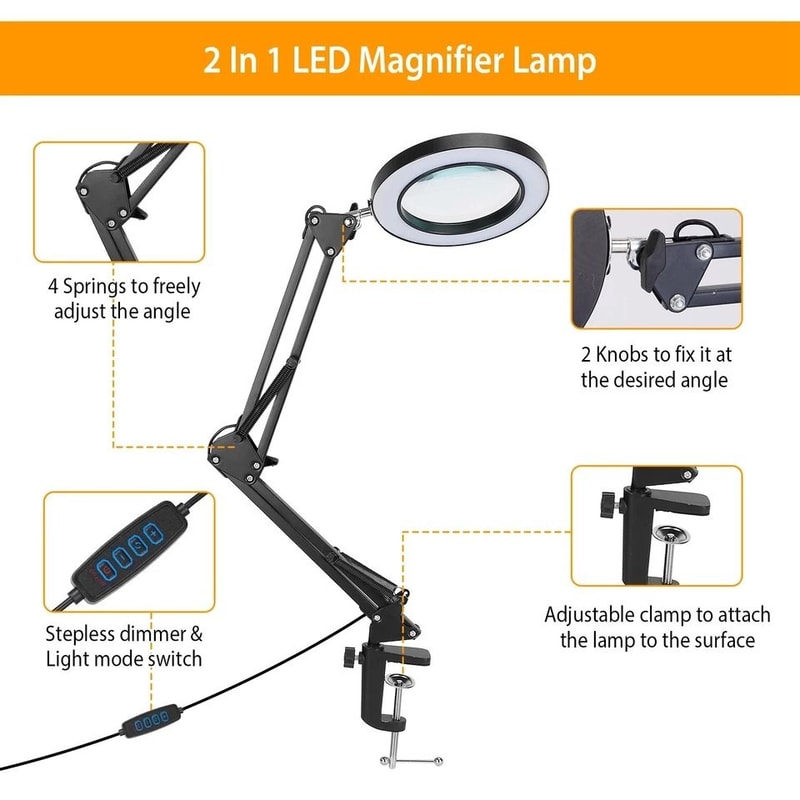 Magnifying Glass Desk Lamp With Clamp LED Light Adjustable Brightness 3 Light Modes Stand For Readi