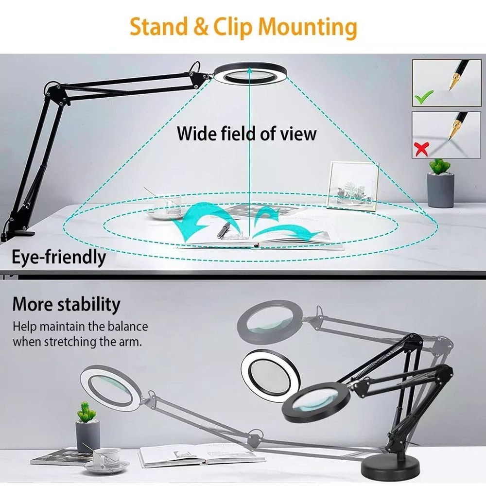 Magnifying Glass Desk Lamp With Clamp LED Light Adjustable Brightness 3 Light Modes Stand For Readi