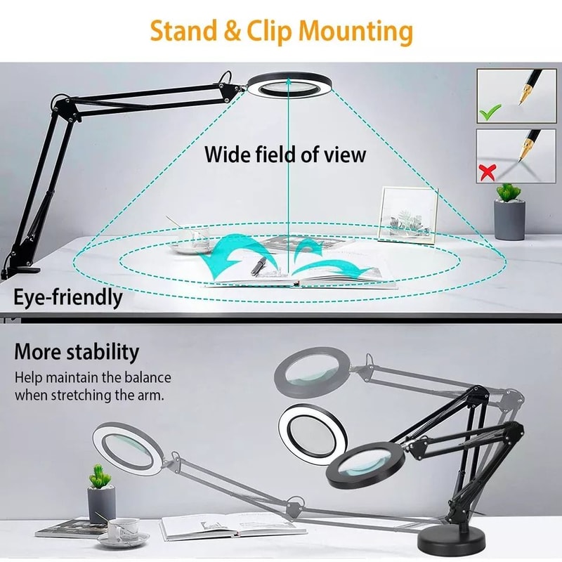 Magnifying Glass Desk Lamp With Clamp LED Light Adjustable Brightness 3 Light Modes Stand For Readi
