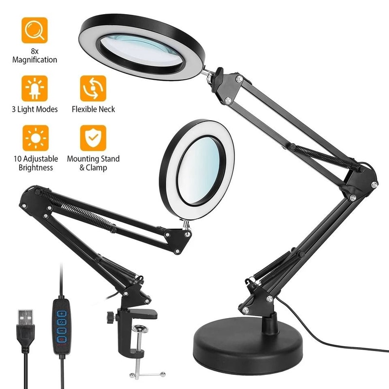 Magnifying Glass Desk Lamp With Clamp LED Light Adjustable Brightness 3 Light Modes Stand For Readi