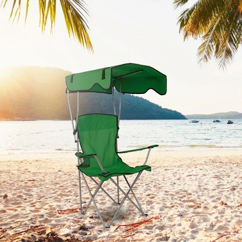 Heavy Duty Outdoor Beach Chair Green Folding Camping Chairs With Canopy Shade Portable Lawn Chair F 12