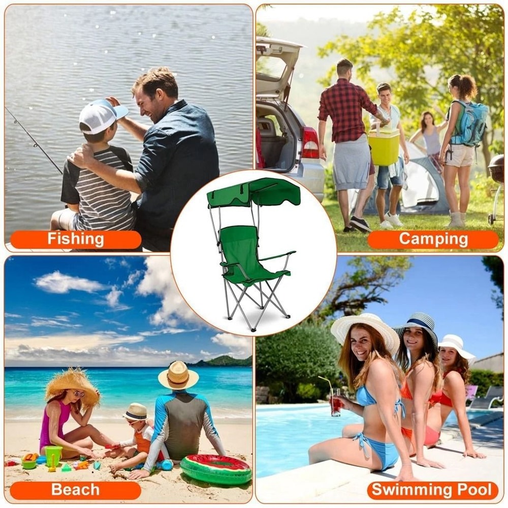 Heavy Duty Outdoor Beach Chair Green Folding Camping Chairs With Canopy Shade Portable Lawn Chair F 3