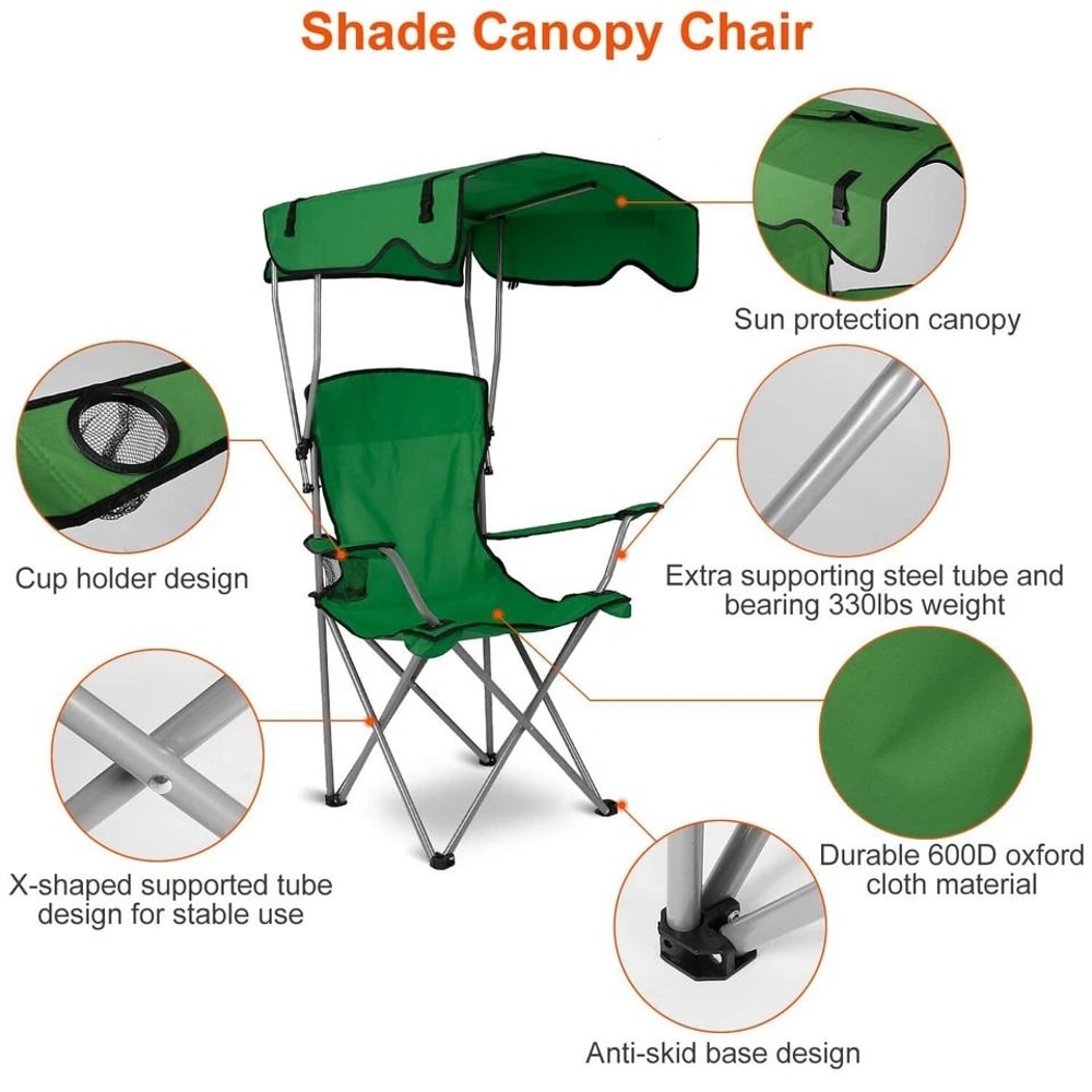 Heavy Duty Outdoor Beach Chair Green Folding Camping Chairs With Canopy Shade Portable Lawn Chair F 4