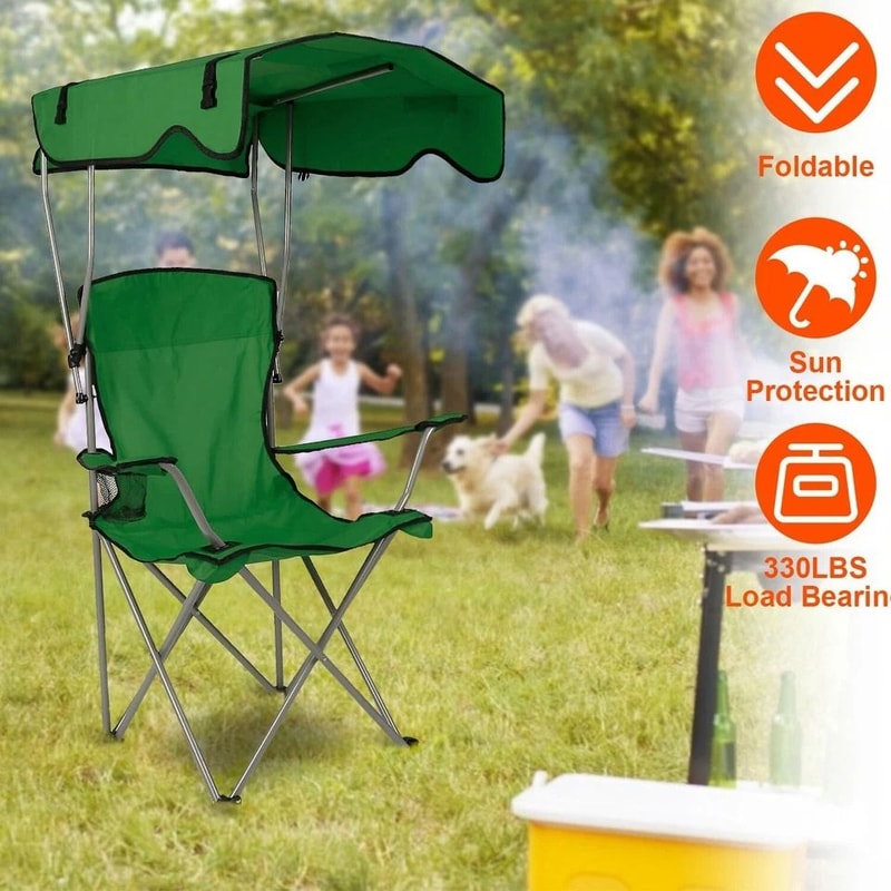Heavy Duty Outdoor Beach Chair Green Folding Camping Chairs With Canopy Shade Portable Lawn Chair F 5
