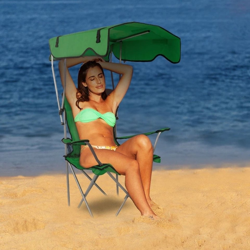 Heavy Duty Outdoor Beach Chair Green Folding Camping Chairs With Canopy Shade Portable Lawn Chair F 6