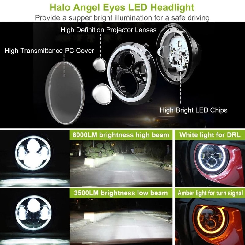 Round LED Headlights With Halo Angel Eyes High Beam Low Beam 4