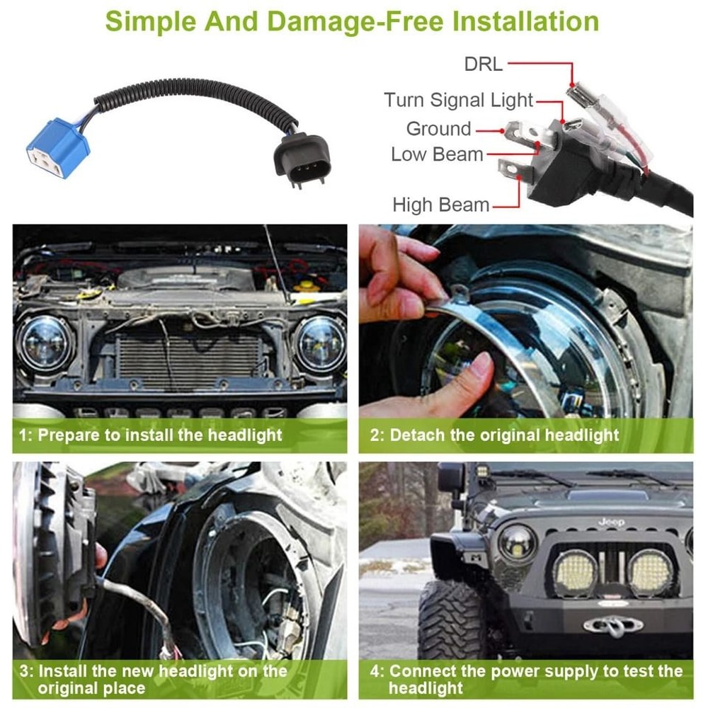 Round LED Headlights With Halo Angel Eyes High Beam Low Beam 5