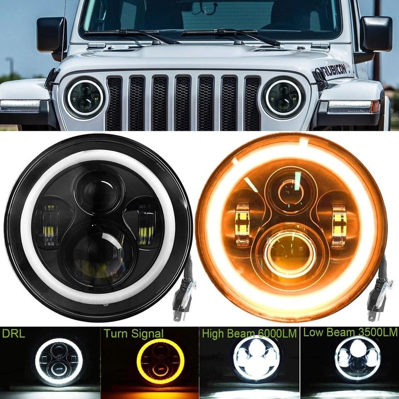 Round LED Headlights With Halo Angel Eyes High Beam Low Beam 7