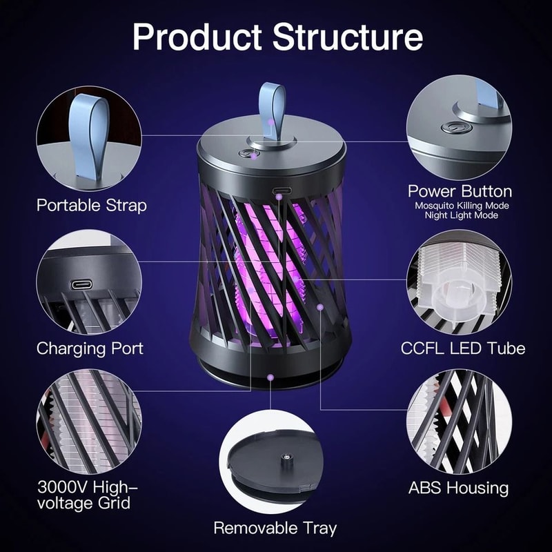 Electric Bug Zapper Portable Mosquito Killer Lamp Rechargeable Insect Fly Trap UV Light With Shock 6