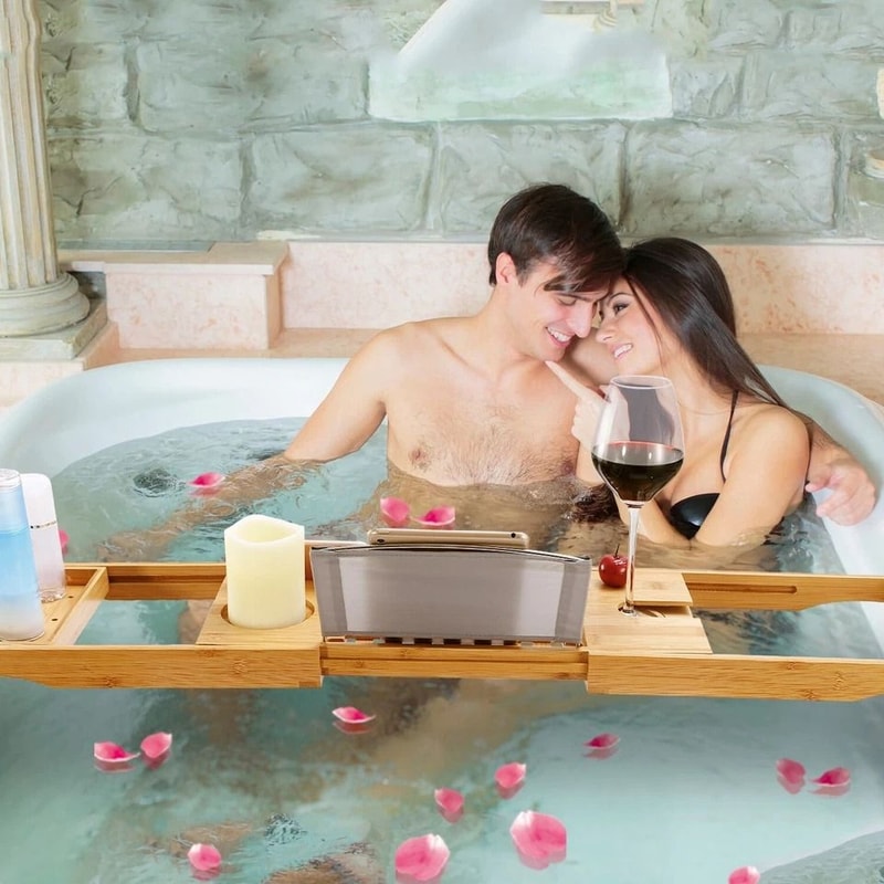 Bamboo Bath Tray Extendable Tub Caddy Tray Over The Tub Bath Shelf With Wine Glass Holder Desk Bath 1