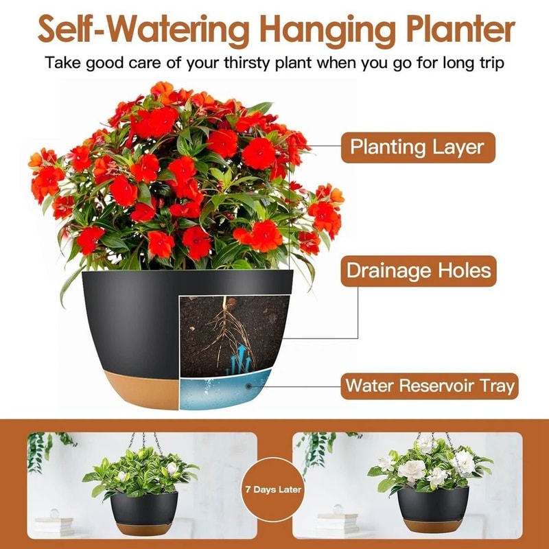 Hanging Planter Pots Plastic Garden Pots With SelfWatering Tray 964in Diameter Adjustable Iron Chai 8